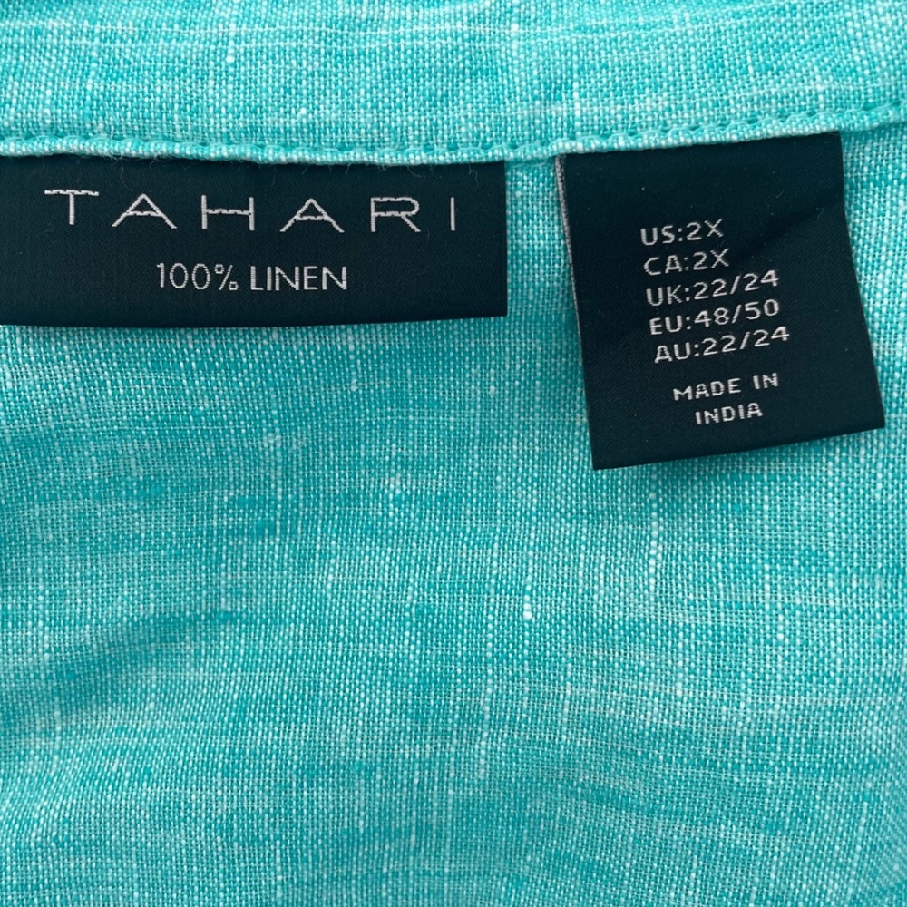 Tahari  Linen Tunic Top Turquoise 3/4 Sleeve Button Detail 2X Lagenlook - Picture 9 of 9